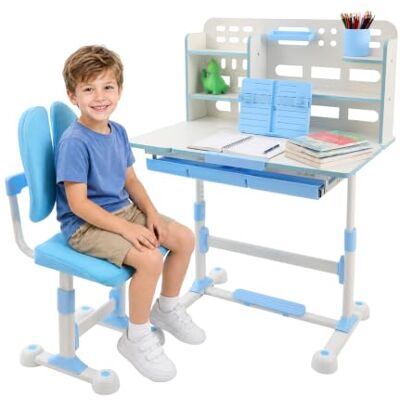 OMGGYER Kinderschreibtisch mit Stuhl Set, höhenverstellbarer Schreibtisch, Blau Kinder mit 50° neigbarer Tischplatte, Schublade & Buchständer, ergonomischer Kinderstuhl ab 3 Jahren Jungen & Mädchen OMGGYER Kinderschreibtisch mit Stuhl Set, höhenverstellbarer Schreibtisch, Blau Kinder mit 50° neigbarer Tischplatte, Schublade & Buchständer, ergonomischer Kinderstuhl ab 3 Jahren Jungen & Mädchen