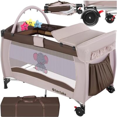 tectake ® Kinder Reisebett höhenverstellbar mit Babyeinlage und Transporttasche, 132 x 75 x 104 cm, Braun tectake ® Kinder Reisebett höhenverstellbar mit Babyeinlage und Transporttasche, 132 x 75 x 104 cm, Braun