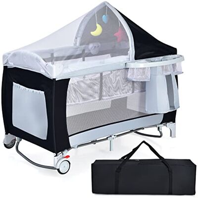 COSTWAY 4 in 1 klappbares Reisebett & Babywiege & Wickeltisch & Laufstall mit Schaukelfunktion, inkl. Spieluhr, Spielbogen, Wickelauflage, Matratze, Windel Organizer und Tragetasche (schwarz) COSTWAY 4 in 1 klappbares Reisebett & Babywiege & Wickeltisch & Laufstall mit Schaukelfunktion, inkl. Spieluhr, Spielbogen, Wickelauflage, Matratze, Windel Organizer und Tragetasche (schwarz)