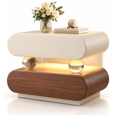 YIYIRAN Schlichter Luxus-nachttisch, Schwebender, Geschwungener Holz-nachttisch Mit Warmweißem Led-licht, Abgerundeten Kanten, Griffloser Front Und Lederoptik Für Schlaf- Und Wohnzimmer Off-White+ YIYIRAN Schlichter Luxus-nachttisch, Schwebender, Geschwungener Holz-nachttisch Mit Warmweißem Led-licht, Abgerundeten Kanten, Griffloser Front Und Lederoptik Für Schlaf- Und Wohnzimmer Off-White+