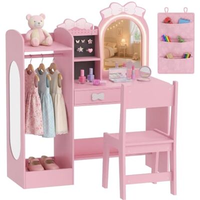 AIYAPLAY Kinder-Schminktisch, 3-in-1 Schminktisch-Set für Mädchen mit Hocker, Spiegel mit 2 Lichtfarben, Kleiderstange, Ankleidespiegel, Seitentasche und Schubladen, für 3–8 Jahre, Rosa AIYAPLAY Kinder-Schminktisch, 3-in-1 Schminktisch-Set für Mädchen mit Hocker, Spiegel mit 2 Lichtfarben, Kleiderstange, Ankleidespiegel, Seitentasche und Schubladen, für 3–8 Jahre, Rosa