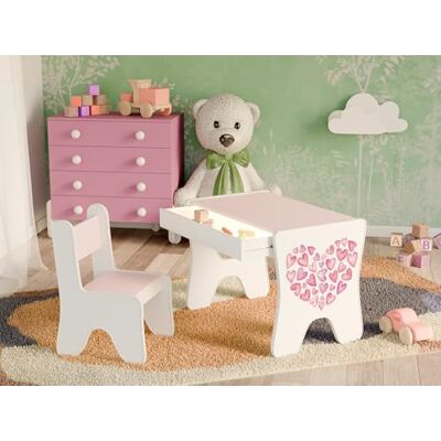 Happy Babies Kinderschreibtisch-Stuhl-Set, ergonomischer Spieltisch mit geräumiger Schublade Kinder-Lern- und Spieltisch Kindermöbel, für den Kindergarten kleine Herzen (Rosa) Happy Babies Kinderschreibtisch-Stuhl-Set, ergonomischer Spieltisch mit geräumiger Schublade Kinder-Lern- und Spieltisch Kindermöbel, für den Kindergarten kleine Herzen (Rosa)
