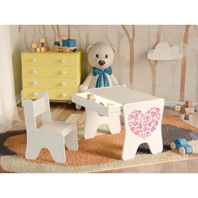 Happy Babies Kinderschreibtisch-Stuhl-Set, ergonomischer Spieltisch mit geräumiger Schublade Kinder-Lern- und Spieltisch Kindermöbel, für den Kindergarten kleine Herzen (Weiß) Happy Babies Kinderschreibtisch-Stuhl-Set, ergonomischer Spieltisch mit geräumiger Schublade Kinder-Lern- und Spieltisch Kindermöbel, für den Kindergarten kleine Herzen (Weiß)