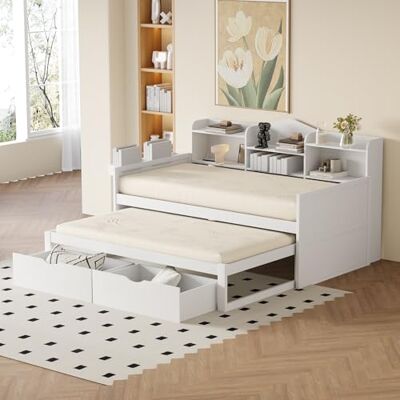 Merax Kinderbett 90 x 200 cm, Schlafsofa mit 90 x 190 cm Ausziehbett, aus Holz, Schlafsofa mit USB-Steckplätzen und Aufbewahrung, für Jungen, Mädchen, Weiß (ohne Matratze) Merax Kinderbett 90 x 200 cm, Schlafsofa mit 90 x 190 cm Ausziehbett, aus Holz, Schlafsofa mit USB-Steckplätzen und Aufbewahrung, für Jungen, Mädchen, Weiß (ohne Matratze)