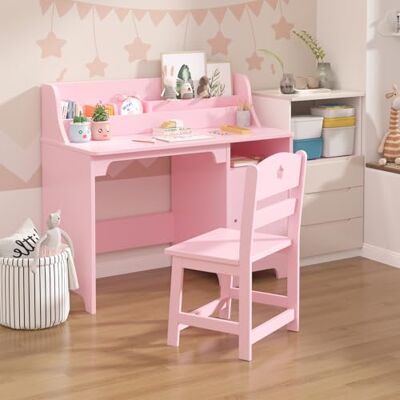 Crevyteg Kinderschreibtsich mit Stuhl, Schreibtisch Kinder aus Holz mit Regalen & Aufbewahrungsschrank, Jugendschreibtisch für Kinderzimmer, Lerntisch für Jungen, Mädchen ab 3 Jahren, Rosa Crevyteg Kinderschreibtsich mit Stuhl, Schreibtisch Kinder aus Holz mit Regalen & Aufbewahrungsschrank, Jugendschreibtisch für Kinderzimmer, Lerntisch für Jungen, Mädchen ab 3 Jahren, Rosa