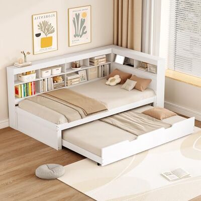 Merax Kinderbett 90 x 200 cm, Kinderbett mit Ausziehbett 90 x 190 cm, aus Massivholz, mit USB-Steckplätzen und Aufbewahrung, für Jungen, Mädchen, Weiß (ohne Matratze) Merax Kinderbett 90 x 200 cm, Kinderbett mit Ausziehbett 90 x 190 cm, aus Massivholz, mit USB-Steckplätzen und Aufbewahrung, für Jungen, Mädchen, Weiß (ohne Matratze)