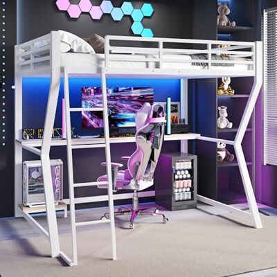Merax Hochbett mit Schreibtisch 90x200 cm, Kinderbett Stockbett mit fernbedienbarem Ambientelicht, Steckdose + USB, Metallbettgestell mit Sicherheitsgeländer und Leiter für Kinder und Erwachsene, Weiß Merax Hochbett mit Schreibtisch 90x200 cm, Kinderbett Stockbett mit fernbedienbarem Ambientelicht, Steckdose + USB, Metallbettgestell mit Sicherheitsgeländer und Leiter für Kinder und Erwachsene, Weiß