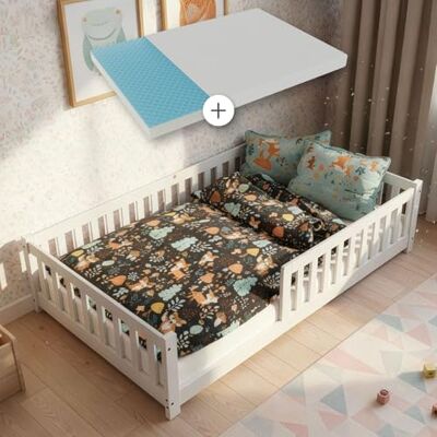 Juskys ® Kinderbett Naya 120 x 200 cm Weiß, Bodenbett inkl. Matratze Rausfallschutz & Lattenrost, Kinderbodenbett, ideal für 3-10-jährige Kinder, 16 cm Kaltschaummatratze Juskys ® Kinderbett Naya 120 x 200 cm Weiß, Bodenbett inkl. Matratze Rausfallschutz & Lattenrost, Kinderbodenbett, ideal für 3-10-jährige Kinder, 16 cm Kaltschaummatratze