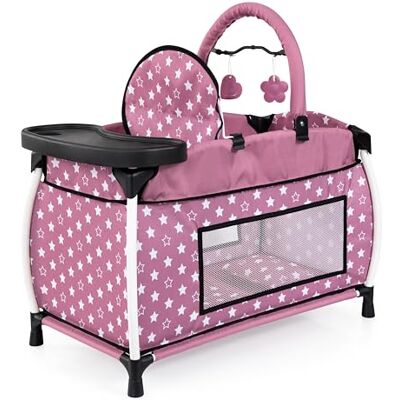 Bayer Puppenbett mit integriertem Hochstuhl, Esstablett, Mobile mit Bettdecke und Kissen, für Puppen bis 46 cm, modernes Design, bestens für Rollenspiele geeignet Bayer Puppenbett mit integriertem Hochstuhl, Esstablett, Mobile mit Bettdecke und Kissen, für Puppen bis 46 cm, modernes Design, bestens für Rollenspiele geeignet