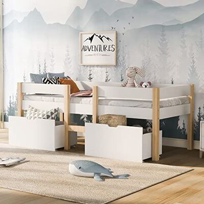 Merax Kinderbett mit Rausfallschutz und Schubladen 90x200cm, Stabil Massivholz & Holz-Platte Beistellbett mit Lattenrost, Babybett Einzelbett für Jungen & Mädchen, Weiß Merax Kinderbett mit Rausfallschutz und Schubladen 90x200cm, Stabil Massivholz & Holz-Platte Beistellbett mit Lattenrost, Babybett Einzelbett für Jungen & Mädchen, Weiß