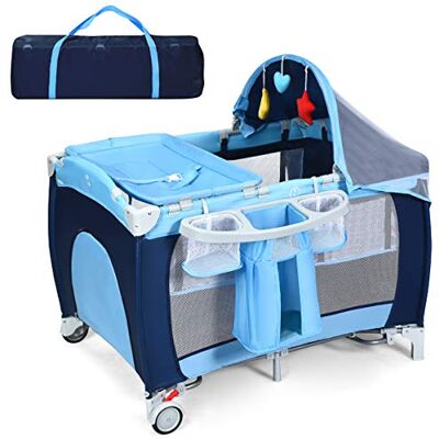 COSTWAY 4 in 1 klappbares Reisebett & Babywiege & Wickeltisch & Laufstall mit Schaukelfunktion, inkl. Spieluhr, Spielbogen, Wickelauflage, Matratze, Windel Organizer und Tragetasche (blau) COSTWAY 4 in 1 klappbares Reisebett & Babywiege & Wickeltisch & Laufstall mit Schaukelfunktion, inkl. Spieluhr, Spielbogen, Wickelauflage, Matratze, Windel Organizer und Tragetasche (blau)