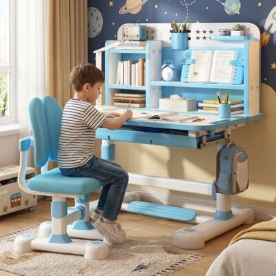 Autrfso Kinder-Schreibtisch- und Stuhl-Set, funktionaler Schreibtisch und Stuhl-Set für Kinder mit 50° neigbarer Tischplatte, Aufbewahrungsschublade und Bücherregalen Autrfso Kinder-Schreibtisch- und Stuhl-Set, funktionaler Schreibtisch und Stuhl-Set für Kinder mit 50° neigbarer Tischplatte, Aufbewahrungsschublade und Bücherregalen