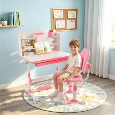OMGGYER Kinderschreibtisch mit Stuhl Set, höhenverstellbarer Schreibtisch, Rosa Kinder mit 50° neigbarer Tischplatte, Schublade & Buchständer, ergonomischer Kinderstuhl ab 3 Jahren Jungen & Mädchen OMGGYER Kinderschreibtisch mit Stuhl Set, höhenverstellbarer Schreibtisch, Rosa Kinder mit 50° neigbarer Tischplatte, Schublade & Buchständer, ergonomischer Kinderstuhl ab 3 Jahren Jungen & Mädchen