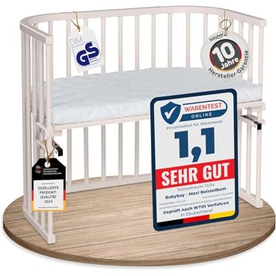 babybay Maxi Beistellbett, GS-geprüft, beige lackiert, mit Matratze Extra große Liegefläche, massive Buche, stufenlos höhenverstellbar, am Elternbett befestigt & mitwachsend babybay Maxi Beistellbett, GS-geprüft, beige lackiert, mit Matratze Extra große Liegefläche, massive Buche, stufenlos höhenverstellbar, am Elternbett befestigt & mitwachsend