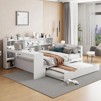 Merax Schlafsofa 140 x 200 cm mit Ausziehbett, Holz Bett mit Schreibtisch und Ablagefächern, Kinderbett mit Steckdose, Weiß (Ohne Matratze) Merax Schlafsofa 140 x 200 cm mit Ausziehbett, Holz Bett mit Schreibtisch und Ablagefächern, Kinderbett mit Steckdose, Weiß (Ohne Matratze)