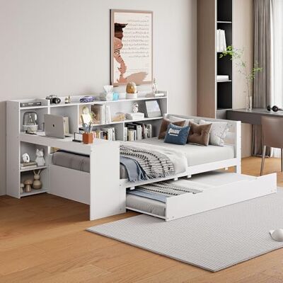 Merax Schlafsofa 90 x 200 cm mit Ausziehbett, Holz Bett mit Schreibtisch und Ablagefächern, Kinderbett mit Steckdose, Weiß (Ohne Matratze) Merax Schlafsofa 90 x 200 cm mit Ausziehbett, Holz Bett mit Schreibtisch und Ablagefächern, Kinderbett mit Steckdose, Weiß (Ohne Matratze)