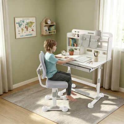 OMGGYER Kinderschreibtisch mit Stuhl Set, höhenverstellbarer Schreibtisch, Grau Kinder mit 50° neigbarer Tischplatte, Schublade & Buchständer, ergonomischer Kinderstuhl ab 3 Jahren Jungen & Mädchen OMGGYER Kinderschreibtisch mit Stuhl Set, höhenverstellbarer Schreibtisch, Grau Kinder mit 50° neigbarer Tischplatte, Schublade & Buchständer, ergonomischer Kinderstuhl ab 3 Jahren Jungen & Mädchen