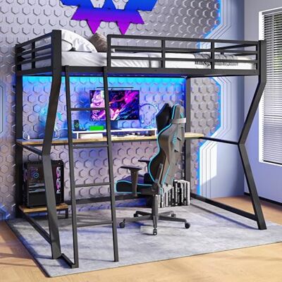 Merax Hochbett mit Schreibtisch 90x200 cm, Kinderbett Stockbett mit fernbedienbarem Ambientelicht, Steckdose + USB, Metallbettgestell mit Sicherheitsgeländer und Leiter für Kinder/Erwachsene, Schwarz Merax Hochbett mit Schreibtisch 90x200 cm, Kinderbett Stockbett mit fernbedienbarem Ambientelicht, Steckdose + USB, Metallbettgestell mit Sicherheitsgeländer und Leiter für Kinder/Erwachsene, Schwarz
