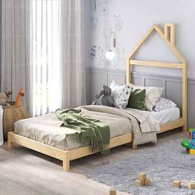 IDIMEX Kinderbett Liz 90x200 cm in Hausoptik aus Massivholz Natur Bodenbett für einfaches EIN- und Aussteigen, Montessori Kinderzimmer IDIMEX Kinderbett Liz 90x200 cm in Hausoptik aus Massivholz Natur Bodenbett für einfaches EIN- und Aussteigen, Montessori Kinderzimmer