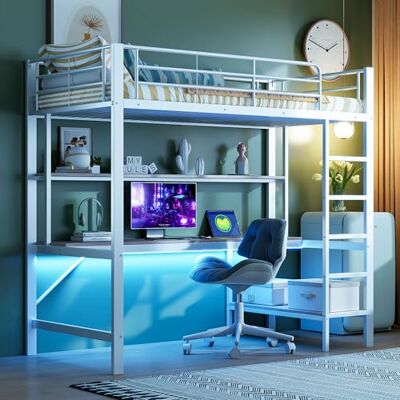 Merax Hochbett mit Schreibtisch 90x200, Kinderbett mit Ambientelicht, Mehrstöckiges Regal und Steckdose + USB-Anschluss, Metallbett mit Sicherheitsgeländer und Leiter für Kinder/Erwachsene, Weiß Merax Hochbett mit Schreibtisch 90x200, Kinderbett mit Ambientelicht, Mehrstöckiges Regal und Steckdose + USB-Anschluss, Metallbett mit Sicherheitsgeländer und Leiter für Kinder/Erwachsene, Weiß