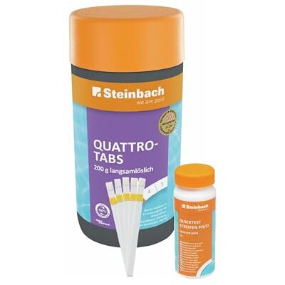 STEINBACH Poolpflege Test-Set Quicktest Streifen für pH-Wert & freies Chlor + Quattrotabs 200 g Wasseranalyse & Desinfektion in einem Set schnelllöslich & pH-neutral für Pools & Whirlpools STEINBACH Poolpflege Test-Set Quicktest Streifen für pH-Wert & freies Chlor + Quattrotabs 200 g Wasseranalyse & Desinfektion in einem Set schnelllöslich & pH-neutral für Pools & Whirlpools