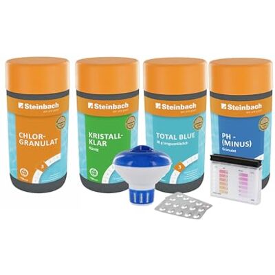 STEINBACH Wasserpflege Starter Set I Pool Chlor Starterset für Einsteiger I Mini-Multitabs, Kristallklar, Dosierschwimmer, Testkit, pH-Senker & Chlorgranulat Pool-Zubehör-Set für Anfänger STEINBACH Wasserpflege Starter Set I Pool Chlor Starterset für Einsteiger I Mini-Multitabs, Kristallklar, Dosierschwimmer, Testkit, pH-Senker & Chlorgranulat Pool-Zubehör-Set für Anfänger