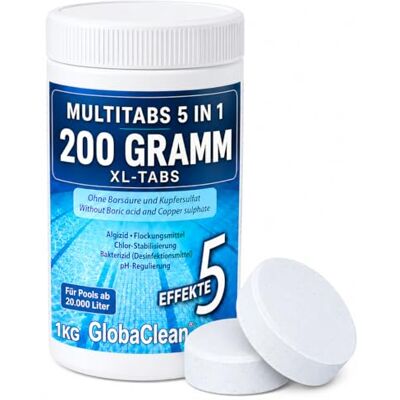 GlobaClean Multitabs für Pool 5 in 1 – 1kg (5 Tabs) – Chlortabletten für Pool 200g – Profi-Qualität Borsäurefrei – Made in Europe Für kristallklares Poolwasser GlobaClean Multitabs für Pool 5 in 1 – 1kg (5 Tabs) – Chlortabletten für Pool 200g – Profi-Qualität Borsäurefrei – Made in Europe Für kristallklares Poolwasser