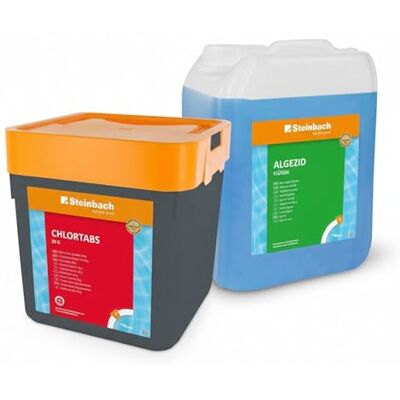 STEINBACH Poolpflege Set 5 kg Chlortabs 20 g schnelllöslich & 5 l Algezid flüssig Desinfektion & Algenverhütung pH-neutral rückstandsfrei & schaumfrei für klares Poolwasser STEINBACH Poolpflege Set 5 kg Chlortabs 20 g schnelllöslich & 5 l Algezid flüssig Desinfektion & Algenverhütung pH-neutral rückstandsfrei & schaumfrei für klares Poolwasser