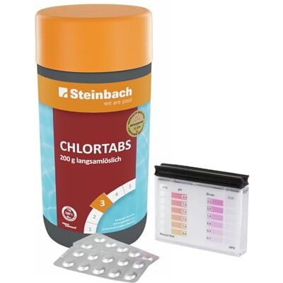 STEINBACH Poolpflege Test-Set Chlortabs 200 g, 1 kg langsam löslich & Testkit für pH/Chlor gegen Algen, Viren & Trübstoffe pH-neutral für Dauerdosierung bei Allen Wasserhärten STEINBACH Poolpflege Test-Set Chlortabs 200 g, 1 kg langsam löslich & Testkit für pH/Chlor gegen Algen, Viren & Trübstoffe pH-neutral für Dauerdosierung bei Allen Wasserhärten