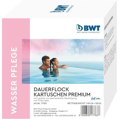 BWT Dauerflockkartuschen für Poolwasser, 8x125g Permanente Beseitigung von Trübungen und Algen, Kristallklares Poolwasser, Bessere Wasserqualität BWT Dauerflockkartuschen für Poolwasser, 8x125g Permanente Beseitigung von Trübungen und Algen, Kristallklares Poolwasser, Bessere Wasserqualität