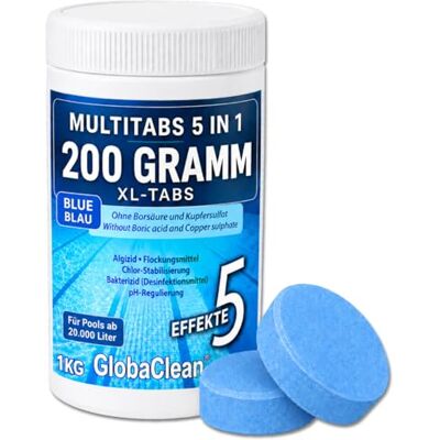 GlobaClean Multitabs für Pool 5 in 1 (Blue Edition) – 1kg (5 Tabs) – Chlortabletten für Pool 200g – Ohne Borsäure – Made in Europe für maximale Wasser-Brillanz GlobaClean Multitabs für Pool 5 in 1 (Blue Edition) – 1kg (5 Tabs) – Chlortabletten für Pool 200g – Ohne Borsäure – Made in Europe für maximale Wasser-Brillanz