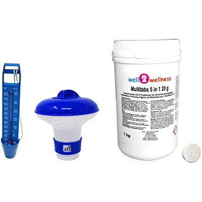 well2wellness ® Poolzubehör Set/Pool Starter Set A Basic 3-teilig mit 1kg Multitabs 5in1 20g, Thermometer blau + Dosierer well2wellness ® Poolzubehör Set/Pool Starter Set A Basic 3-teilig mit 1kg Multitabs 5in1 20g, Thermometer blau + Dosierer