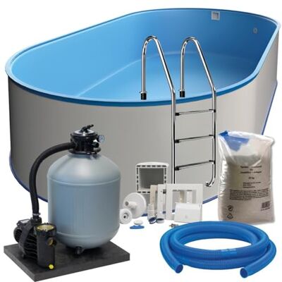 POWERHAUS24 Stahlwand Ovalpool-Set (L x B x T) 8,00 m x 4,20 m x 1,20 m, Pool Made in Europe, mit Edehlstahlleiter für Tiefbecken, SF152 Sandfilteranlage mit 11 m³/h, Einbauskimmer, Filtersand, Poolschlauch POWERHAUS24 Stahlwand Ovalpool-Set (L x B x T) 8,00 m x 4,20 m x 1,20 m, Pool Made in Europe, mit Edehlstahlleiter für Tiefbecken, SF152 Sandfilteranlage mit 11 m³/h, Einbauskimmer, Filtersand, Poolschlauch