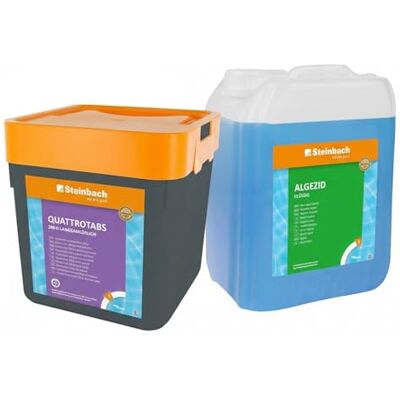 STEINBACH Poolpflege Set 5 kg Quattrotabs 200 g langsamlöslich & 5 l Algezid flüssig 4-in-1 Multifunktion & Algenverhütung mit Flockungsmittel pH-Stabilisator für klares Poolwasser STEINBACH Poolpflege Set 5 kg Quattrotabs 200 g langsamlöslich & 5 l Algezid flüssig 4-in-1 Multifunktion & Algenverhütung mit Flockungsmittel pH-Stabilisator für klares Poolwasser
