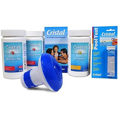 Cristal Pool Set 20 g Chlor MultiTabs 1 kg Chlorgranulat 1 kg pH-Senker 1,5 kg Teststreifen 50 STK.- Dosierschwimmer inkl. Pflegebroschüre Cristal Pool Set 20 g Chlor MultiTabs 1 kg Chlorgranulat 1 kg pH-Senker 1,5 kg Teststreifen 50 STK.- Dosierschwimmer inkl. Pflegebroschüre