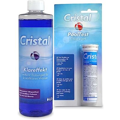Cristal Klareffekt Trübungsentferner inkl. Chlor & pH-Teststreifen Für alle Filterarten Gegen trübes Poolwasser Verbessert die Filtration Einfache Anwendung Für kristallklares Wasser Cristal Klareffekt Trübungsentferner inkl. Chlor & pH-Teststreifen Für alle Filterarten Gegen trübes Poolwasser Verbessert die Filtration Einfache Anwendung Für kristallklares Wasser