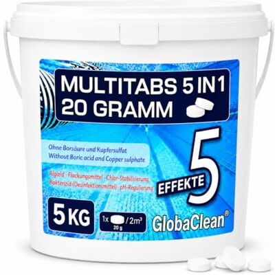 GlobaClean Multitabs für Pool 5 in 1 – 20g (5kg) Hochwirksame Chlortabletten für Pool – Langzeit Chlor Tabs zur Algenbekämpfung & Flockung Für kristallklares Wasser GlobaClean Multitabs für Pool 5 in 1 – 20g (5kg) Hochwirksame Chlortabletten für Pool – Langzeit Chlor Tabs zur Algenbekämpfung & Flockung Für kristallklares Wasser