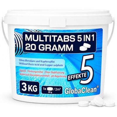 GlobaClean Multitabs für Pool 5 in 1 – 20g (3kg) Hochwirksame Chlortabletten für Pool – Langzeit Chlor Tabs zur Algenbekämpfung & Flockung Für kristallklares Wasser GlobaClean Multitabs für Pool 5 in 1 – 20g (3kg) Hochwirksame Chlortabletten für Pool – Langzeit Chlor Tabs zur Algenbekämpfung & Flockung Für kristallklares Wasser