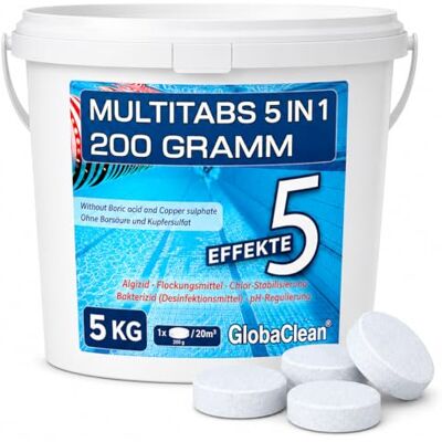 GlobaClean Multitabs für Pool 5 in 1 – 5kg (25 Tabs) – Chlortabletten für Pool 200g – Profi-Qualität Borsäurefrei – Made in Europe Für kristallklares Poolwasser GlobaClean Multitabs für Pool 5 in 1 – 5kg (25 Tabs) – Chlortabletten für Pool 200g – Profi-Qualität Borsäurefrei – Made in Europe Für kristallklares Poolwasser