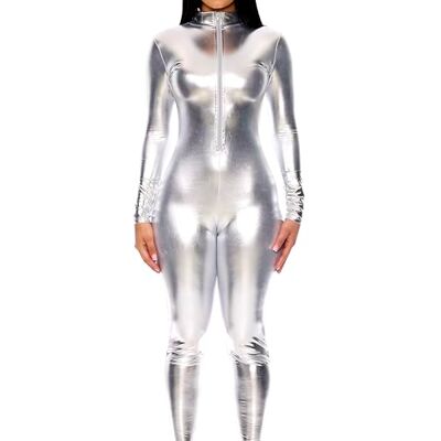 Forplay Catsuit für Damen, metallisch, Reißverschluss vorne, Stehkragen, Halloween-Erwachsenenkostüm, US, silber, L-XL Forplay Catsuit für Damen, metallisch, Reißverschluss vorne, Stehkragen, Halloween-Erwachsenenkostüm, US, silber, L-XL