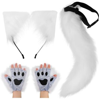 DRESHOW Wolf Fuchs Fellschwanz Ohren Stirnband und Handschuhe Set Cosplay Party Kostüm Super riesigen flauschigen Schwanz für Frauen DRESHOW Wolf Fuchs Fellschwanz Ohren Stirnband und Handschuhe Set Cosplay Party Kostüm Super riesigen flauschigen Schwanz für Frauen