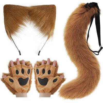 DRESHOW Wolf Fuchs Fellschwanz Ohren Stirnband und Handschuhe Set Cosplay Party Kostüm Super riesigen flauschigen Schwanz für Frauen DRESHOW Wolf Fuchs Fellschwanz Ohren Stirnband und Handschuhe Set Cosplay Party Kostüm Super riesigen flauschigen Schwanz für Frauen