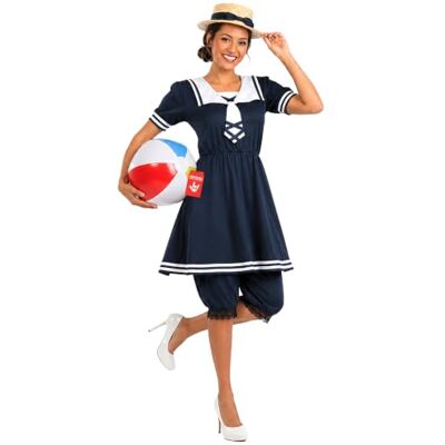 Fun Shack Badeanzug 20er Jahre Damen, Retro Halloween Kostüm Damen Kleid, Hose & Strohhut, Blau-Weiß Gestreift, Zum Überziehen, Perfekt für Halloween, Ideal zum Verkleiden Fun Shack Badeanzug 20er Jahre Damen, Retro Halloween Kostüm Damen Kleid, Hose & Strohhut, Blau-Weiß Gestreift, Zum Überziehen, Perfekt für Halloween, Ideal zum Verkleiden