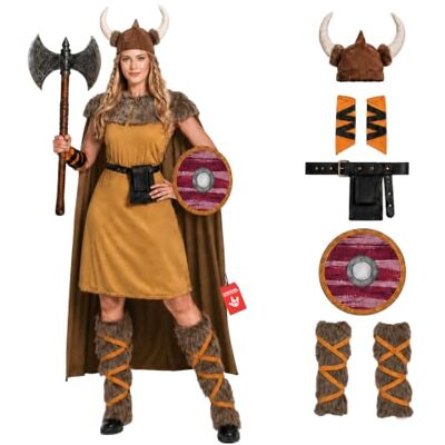 Fun Shack Wikinger Kostüm Damen, Nordisches Halloween Kostüm Damen Hörnerhelm, Kleid, Umhang & Schild, Nordisches Krieger-Design, Zum Überziehen, Perfekt für Halloween, Ideal zum Verkleiden Fun Shack Wikinger Kostüm Damen, Nordisches Halloween Kostüm Damen Hörnerhelm, Kleid, Umhang & Schild, Nordisches Krieger-Design, Zum Überziehen, Perfekt für Halloween, Ideal zum Verkleiden