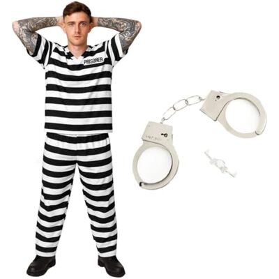 I LOVE FANCY DRESS Gefangenen-Kostüm für Erwachsene – Herren Damen Sträflings-Kostüm – schwarz & weiß gestreifte Oberseite, passende Hose und Hut – Unisex TV & Film / Halloween Dress Up (groß) I LOVE FANCY DRESS Gefangenen-Kostüm für Erwachsene – Herren Damen Sträflings-Kostüm – schwarz & weiß gestreifte Oberseite, passende Hose und Hut – Unisex TV & Film / Halloween Dress Up (groß)