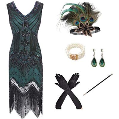 shoperama 20er Jahre Charleston Flapper Damen-Kostüm Grün/Schwarz Pailletten-Kleid mit Fransen und 5-tlg. Pfau Zubehör-Set shoperama 20er Jahre Charleston Flapper Damen-Kostüm Grün/Schwarz Pailletten-Kleid mit Fransen und 5-tlg. Pfau Zubehör-Set