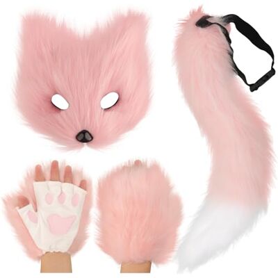DRESHOW Fuchsschwanz Kunstpelz Flauschige Katze Wolf Plüsch Maske Halloween Party Kostüm Pfote Handschuhe Cosplay Set für Damen DRESHOW Fuchsschwanz Kunstpelz Flauschige Katze Wolf Plüsch Maske Halloween Party Kostüm Pfote Handschuhe Cosplay Set für Damen