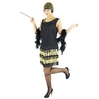 Foxxeo Schwarz goldenes 20er Jahre Kleid mit Fransen für Damen Elegantes Charleston Kostüm zu Fasching und Karneval Größe XL Foxxeo Schwarz goldenes 20er Jahre Kleid mit Fransen für Damen Elegantes Charleston Kostüm zu Fasching und Karneval Größe XL