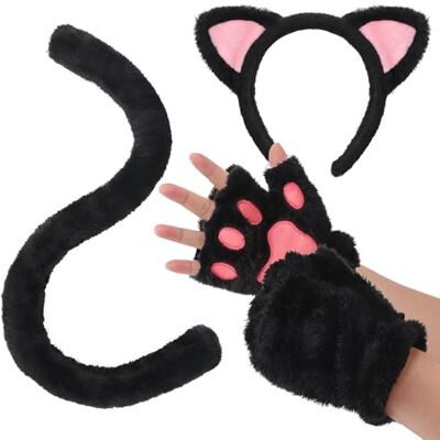 DRESHOW Katzenohren Stirnband Pfotenhandschuhe Schwanz Kostüm Set für Frauen und Mädchen Halloween Katzen Cosplay Kostüm Party Kleid Accessoires DRESHOW Katzenohren Stirnband Pfotenhandschuhe Schwanz Kostüm Set für Frauen und Mädchen Halloween Katzen Cosplay Kostüm Party Kleid Accessoires