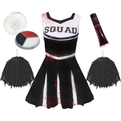 I LOVE FANCY DRESS Halloween Zombie-Cheerleader-Kostüm und Zubehör für Mädchen, rotes Freudenoutfit für Kinder, bestehend aus einem kurzen Kleid, 2 Pompons, Kunstblut und Gesichtsbemalung I LOVE FANCY DRESS Halloween Zombie-Cheerleader-Kostüm und Zubehör für Mädchen, rotes Freudenoutfit für Kinder, bestehend aus einem kurzen Kleid, 2 Pompons, Kunstblut und Gesichtsbemalung